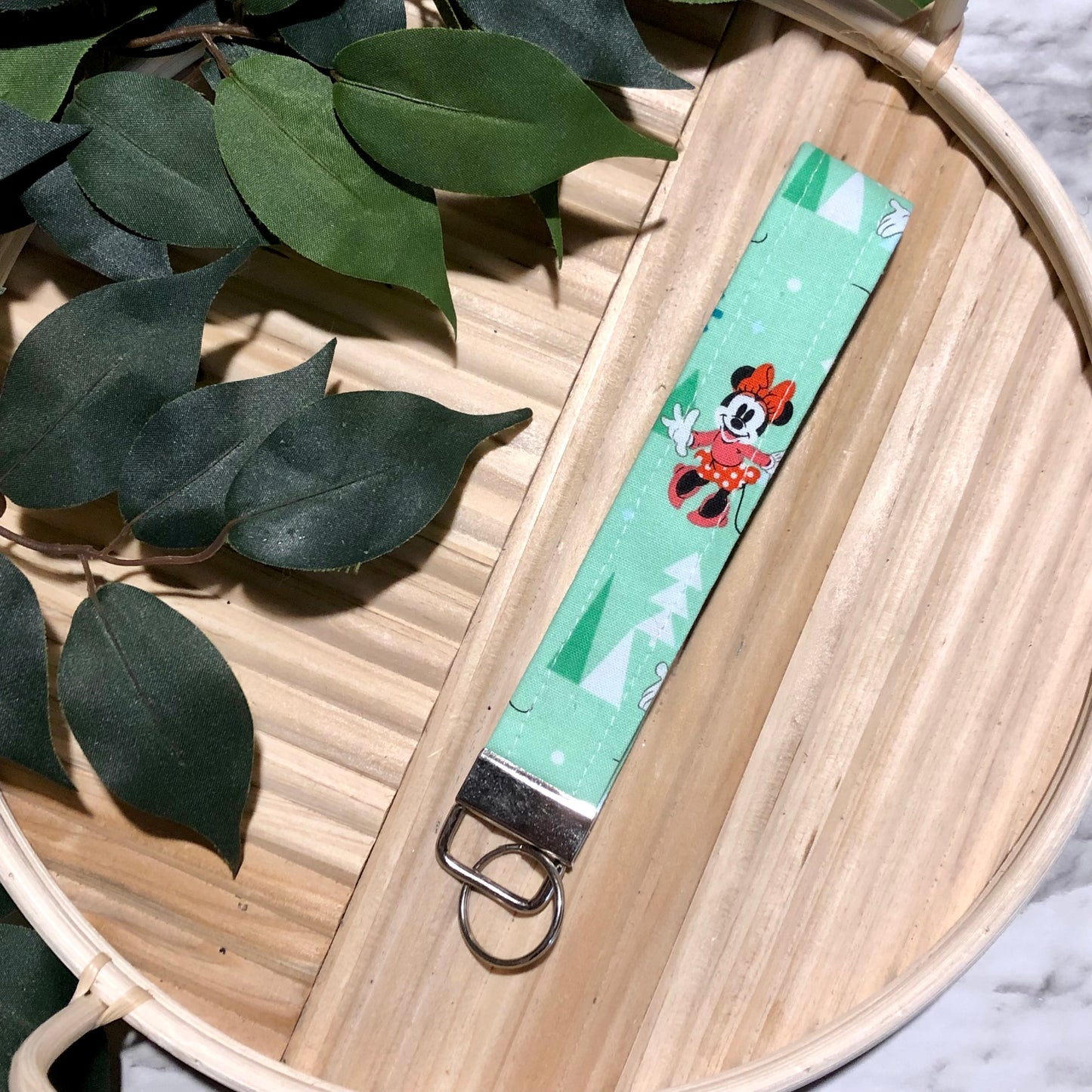 Winter Minnie Mouse Print Fabric Wristlet Keychain, Key Fob