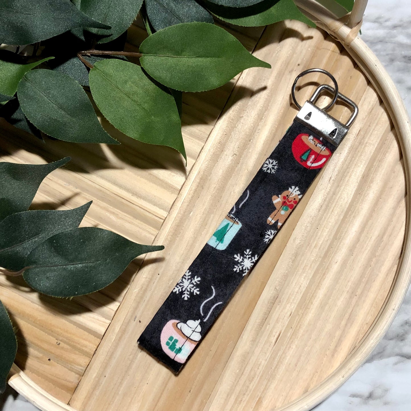 Hot Cocoa & Gingerbread Men Print Fabric Wristlet Keychain, Key Fob