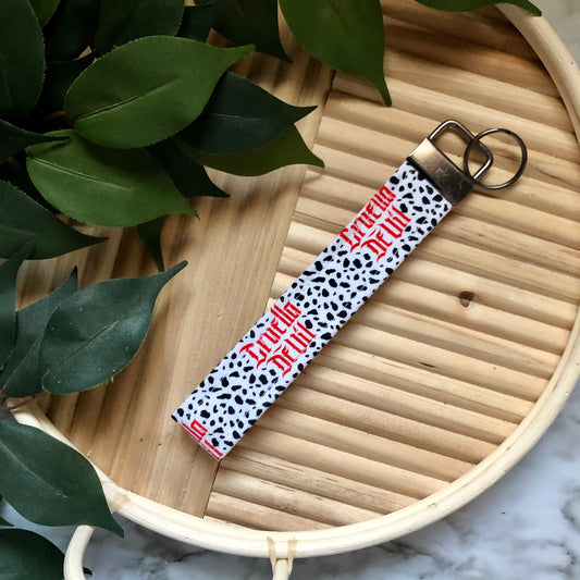 Cruella Devil Print Fabric Wristlet Keychain, Key Fob