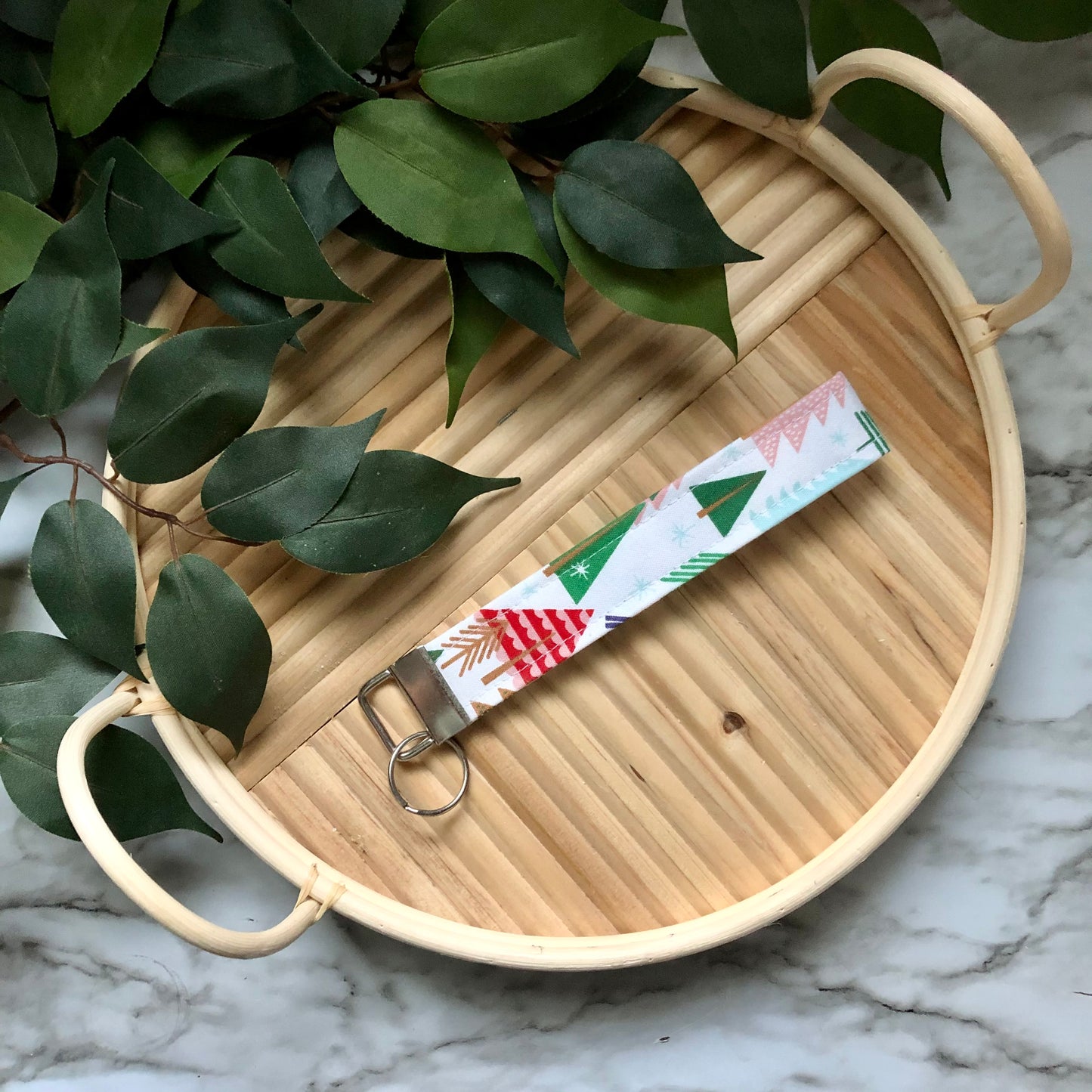 Colorful Winter Trees Print Fabric Wristlet Keychain, Key Fob