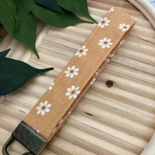 Carmel Flower Print Fabric Wristlet Keychain, Key Fob