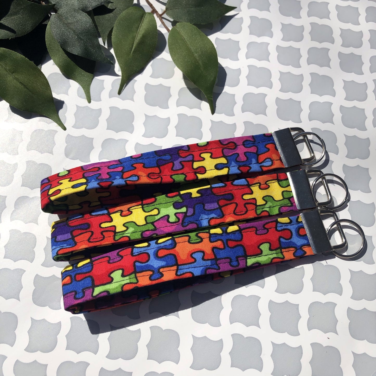Puzzle Print Fabric Wristlet Keychain, Key Fob