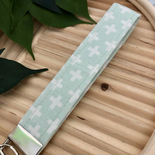 Mint X Print Fabric Wristlet Keychain, Key Fob