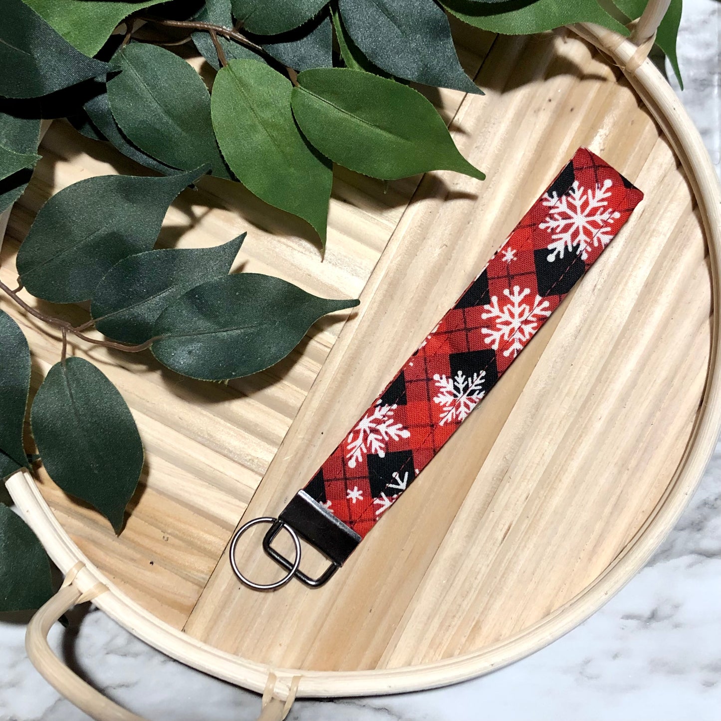Snowflakes on Red and Black Plaid Print Wristlet Keychain, Key Fob