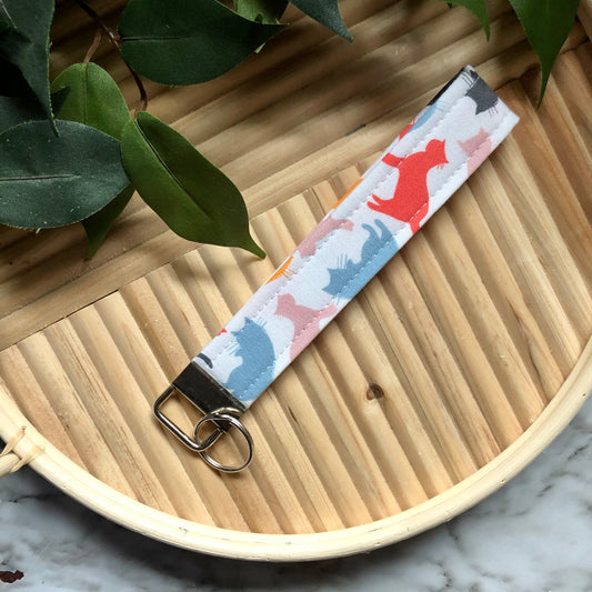 Colorful Cats Print Fabric Wristlet Keychain, Key Fob