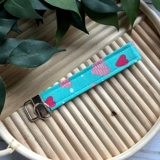Teal Heart Print Fabric Wristlet Keychain, Key Fob