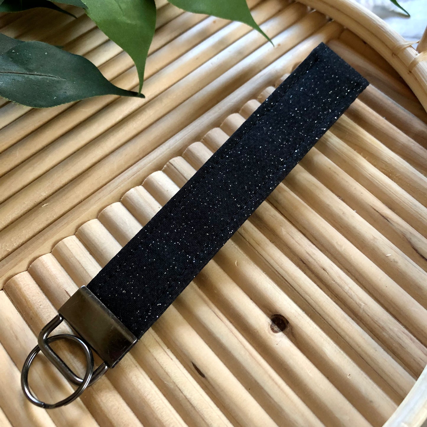 Black Glitter Print Fabric Keychain, Key Fob