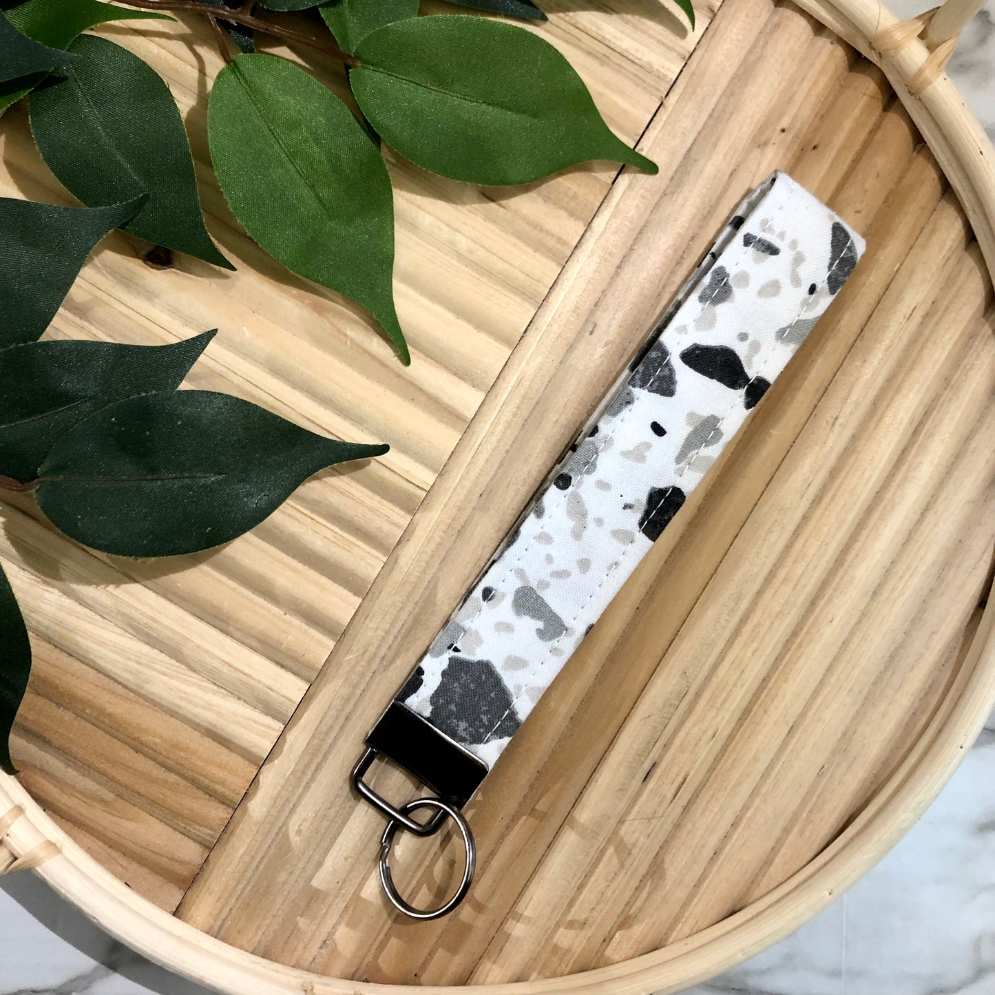 Grey Scale Terrazzo Print Fabric Keychain, Key Fob