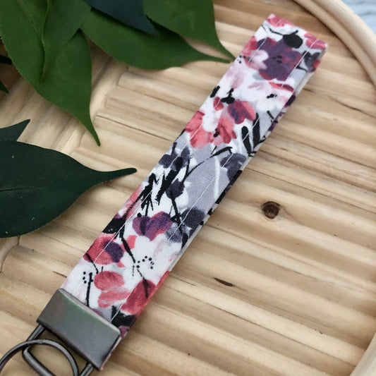 Abstract Berry Floral Print Fabric Wristlet Keychain, Key Fob
