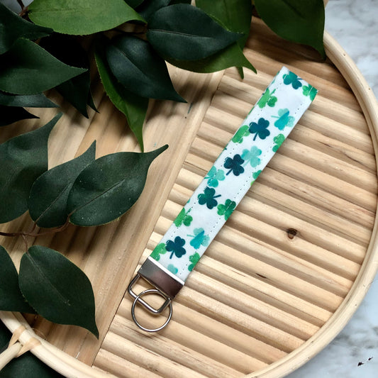 Watercolor Shamrocks Print Fabric Wristlet Keychain, Key Fob