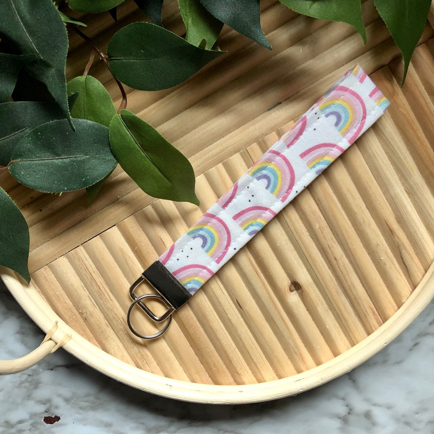 White Rainbow Print Fabric Wristlet Keychain, Key Fob
