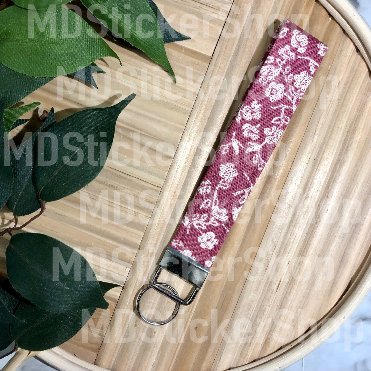 Berry and White Floral Print Fabric Keychain