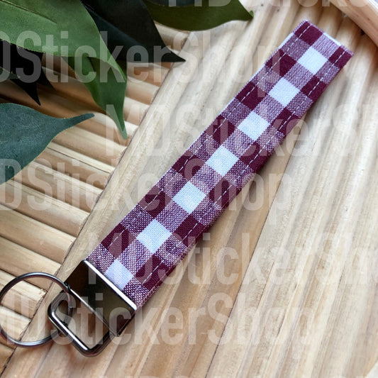 Burgundy Gingham Print Fabric Keychain