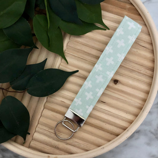 Mint X Print Fabric Wristlet Keychain, Key Fob