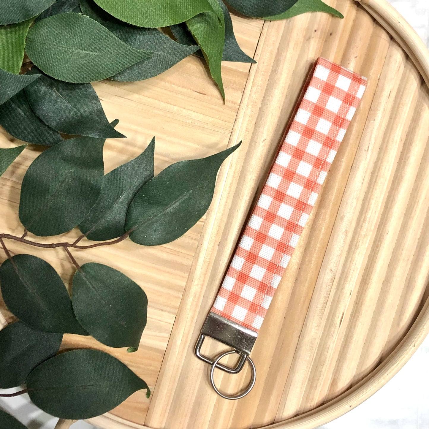 Peachy Gingham Print Fabric Wristlet Keychain, Key Fob