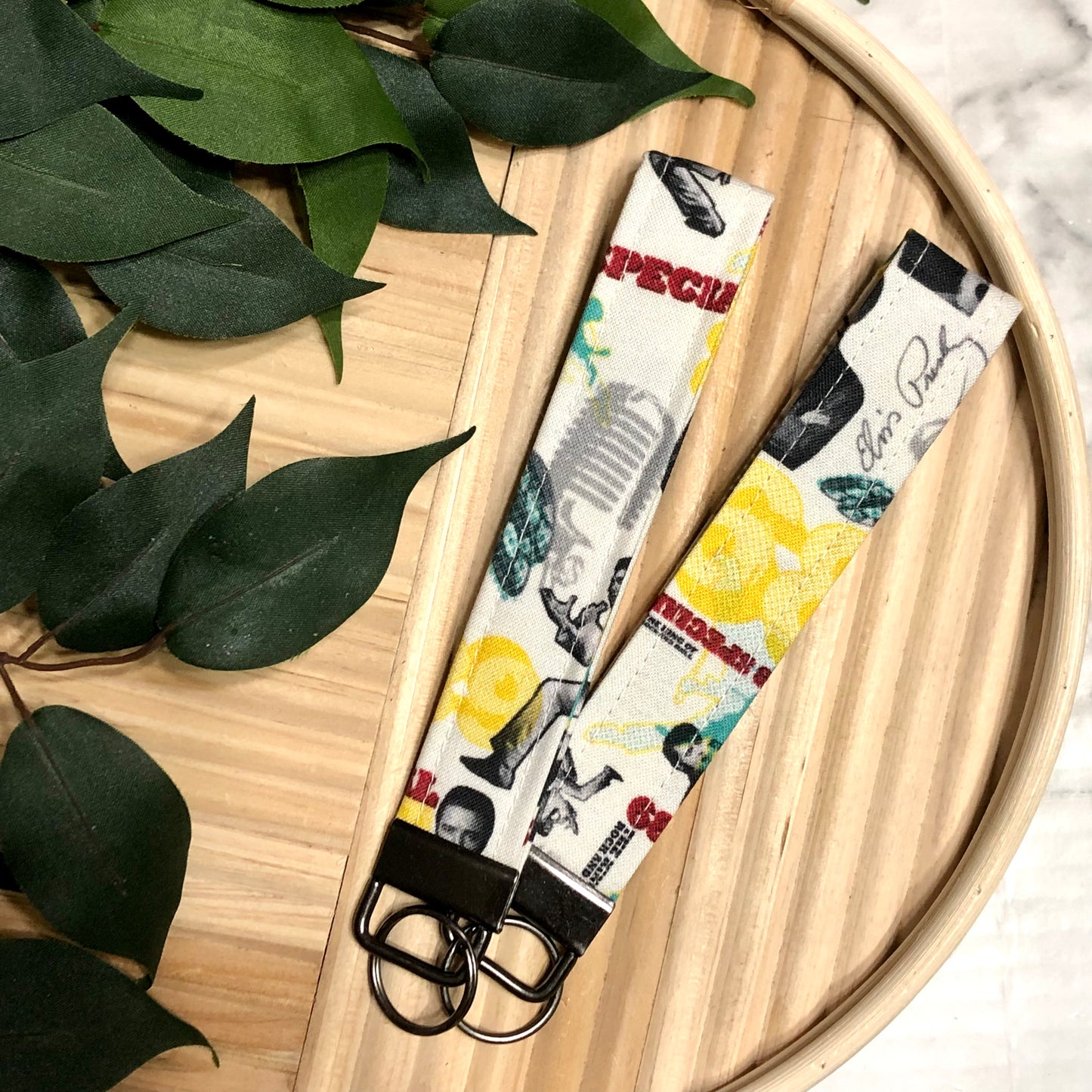 Elvis Rock & Roll Print Fabric Wristlet Keychain, Key Fob