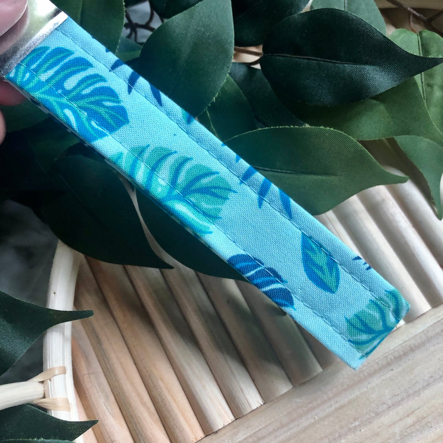 Blue Tropical Print Fabric Wristlet Keychain, Key Fob