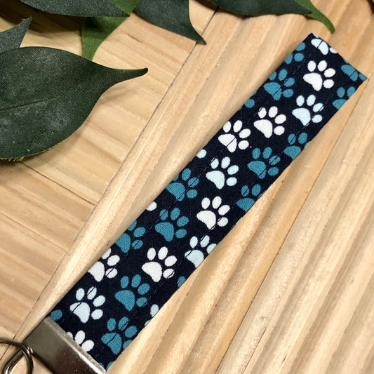 Navy Paw Print Fabric Wristlet Keychain, Key Fob