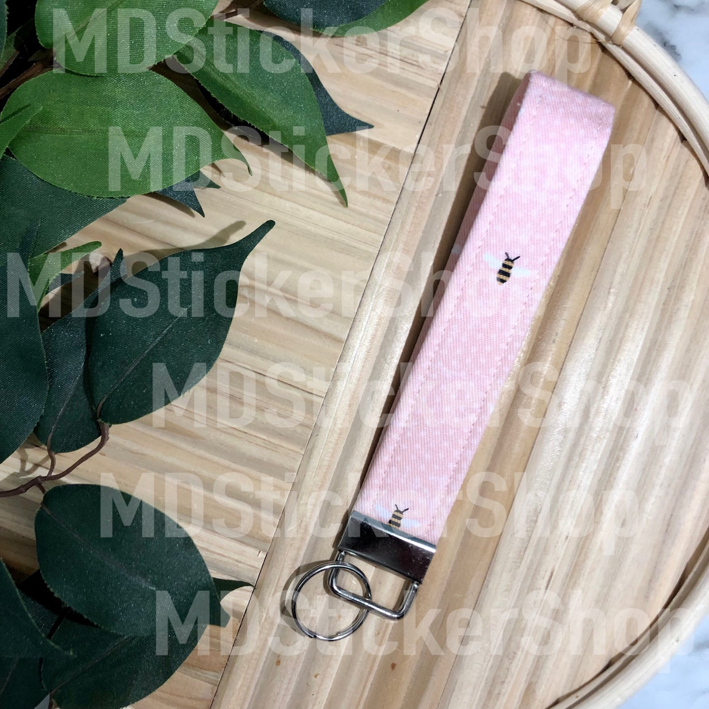 Pink Polka Dot Bee Print Fabric Keychain