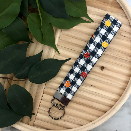 Fall Leaves on Gingham Print Fabric Wristlet Keychain, Key Fob