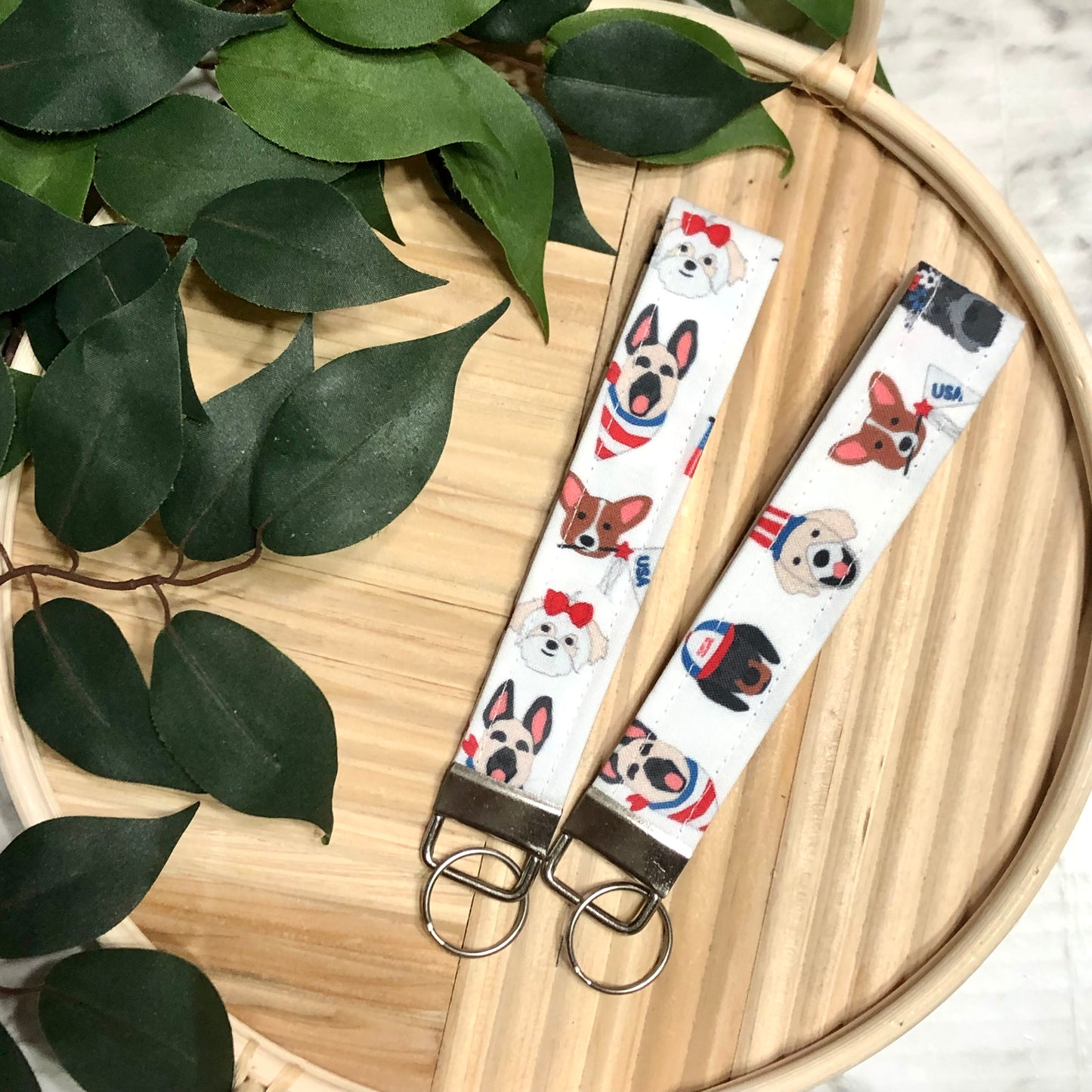 Patriotic Pups Print Fabric Wristlet Keychain, Key Fob