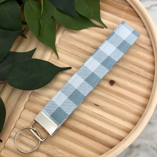 Blue Plaid Check Print Fabric Wristlet Keychain, Key Fob