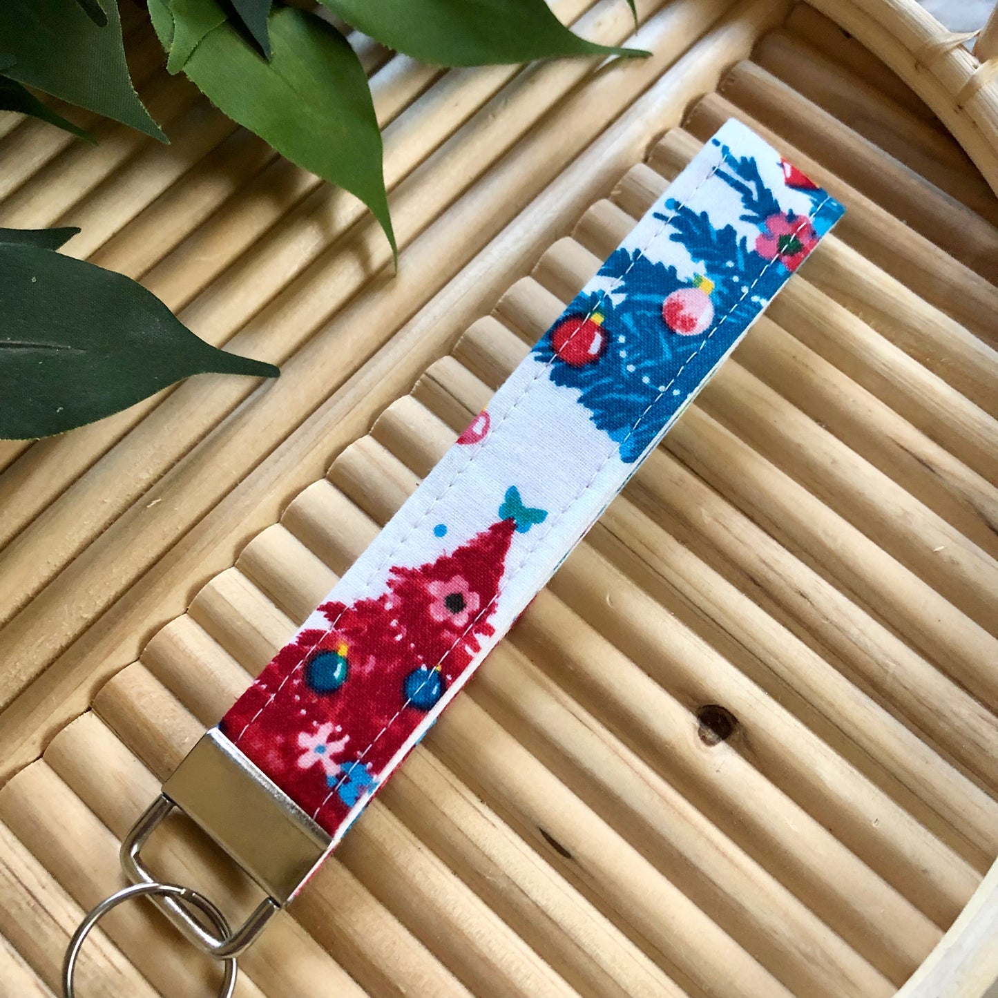 Country Christmas Print Fabric Keychain, Key Fob