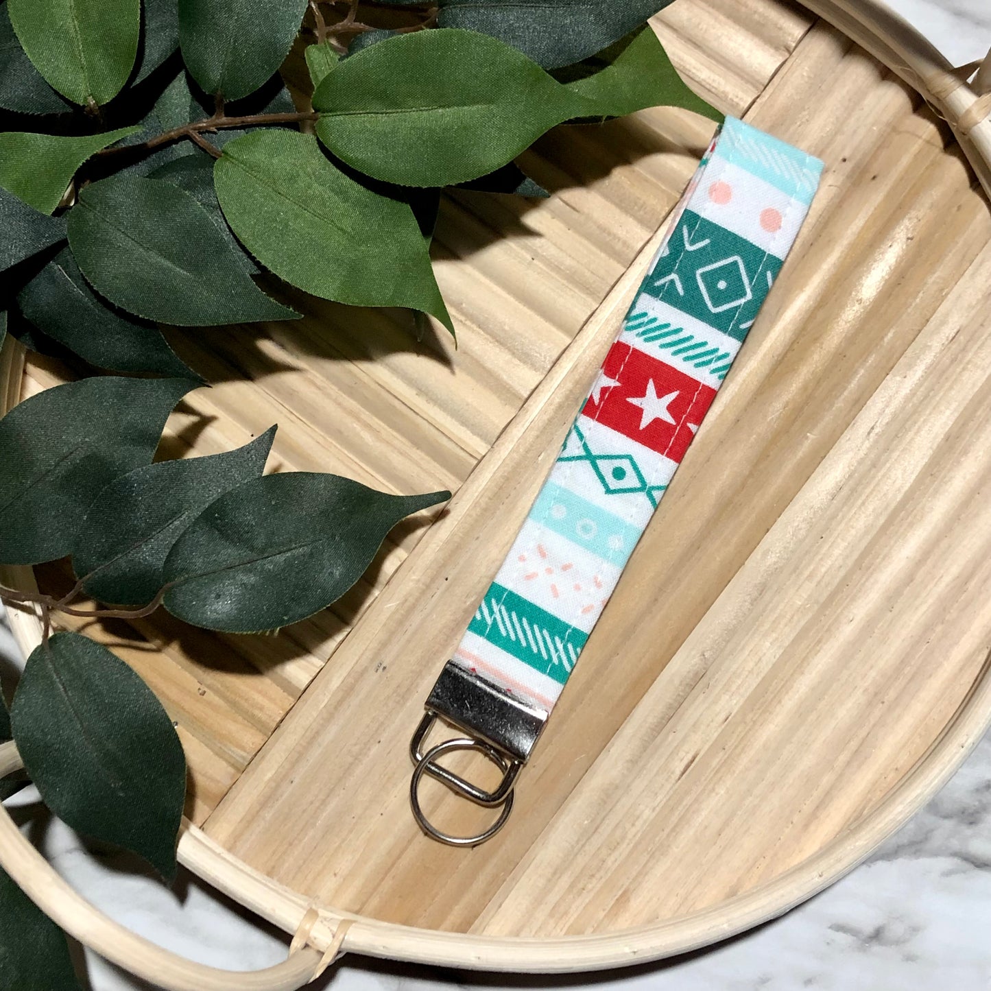 Holiday Aztec Print Fabric Wristlet Keychain, Key Fob