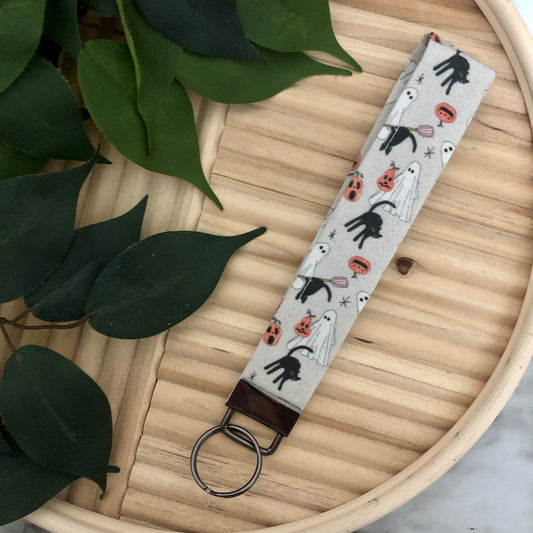 Ghosts and Cats Halloween Print Fabric Wristlet Keychain, Key Fob