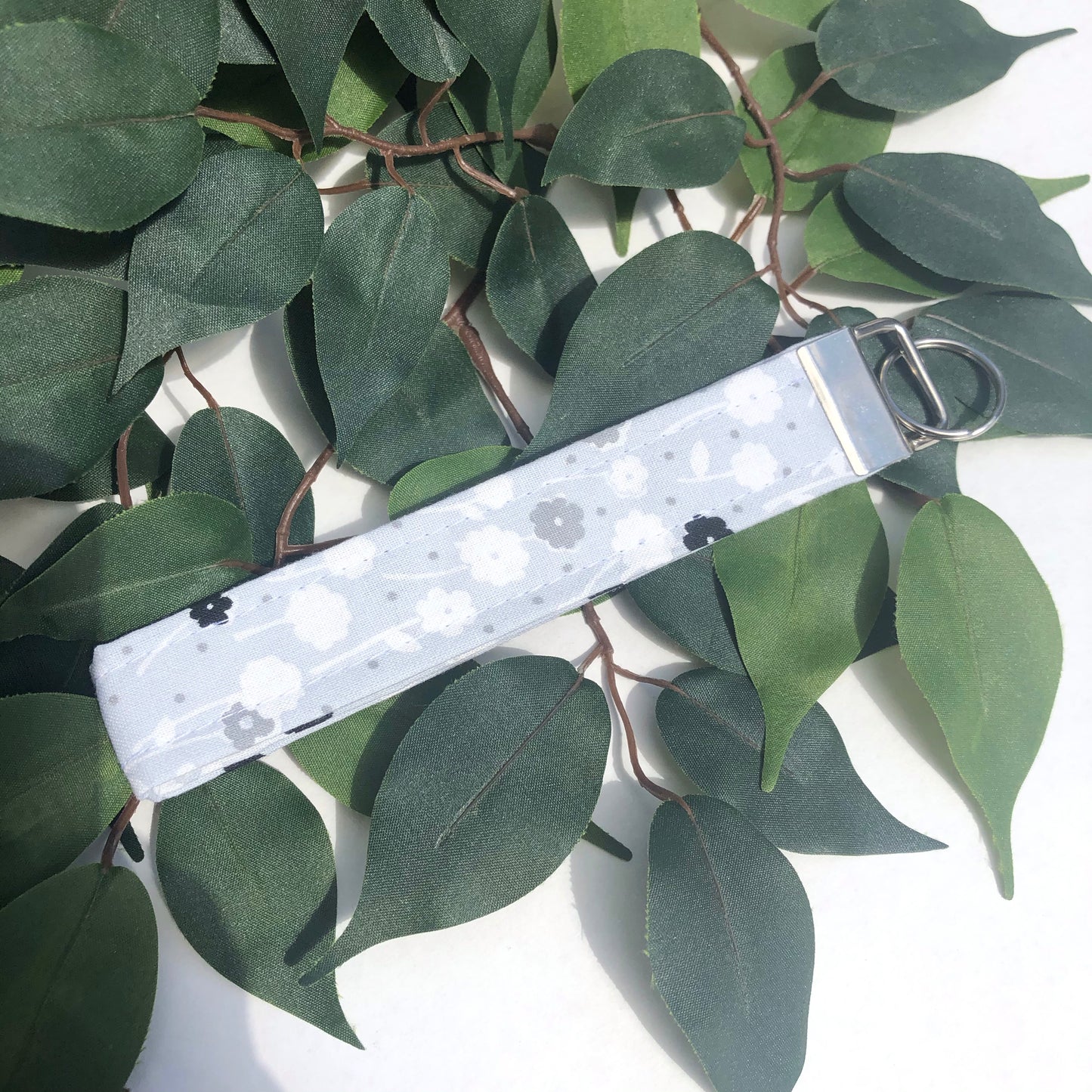 Grey, White, and Black Floral Print Fabric Wristlet Keychain, Key Fob