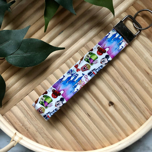 Disney Park Print Fabric Wristlet Keychain, Key Fob