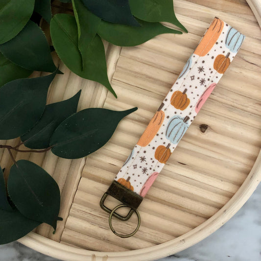 Magical Fall Pumpkins Print Fabric Wristlet Keychain, Key Fob
