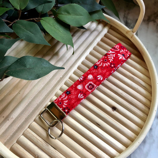 Red Paisley Print Fabric Keychain, Key Fob, Red Hanker-chief Print