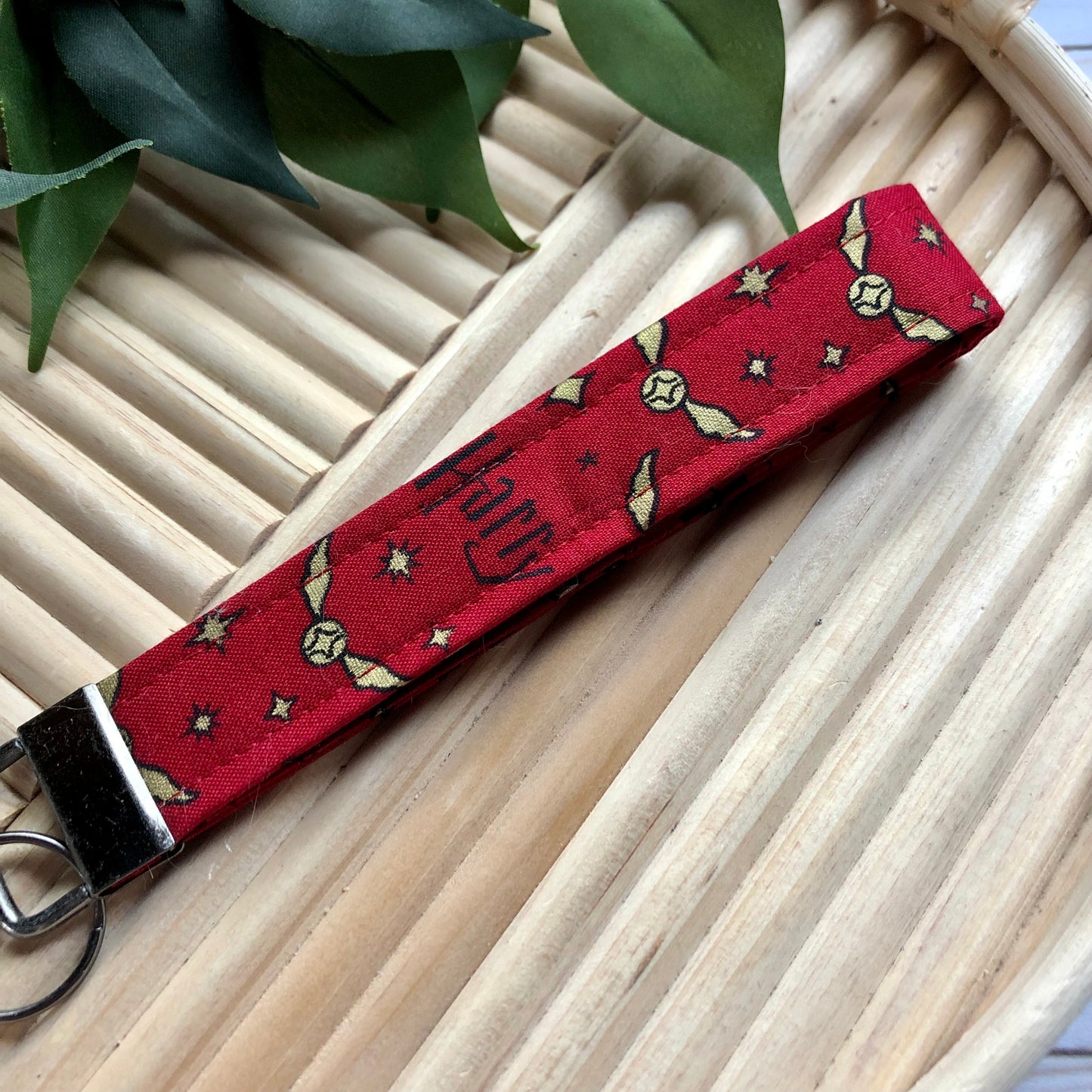 Harry Potter Red Golden Snitch Print Fabric Wristlet Keychain, Key Fob