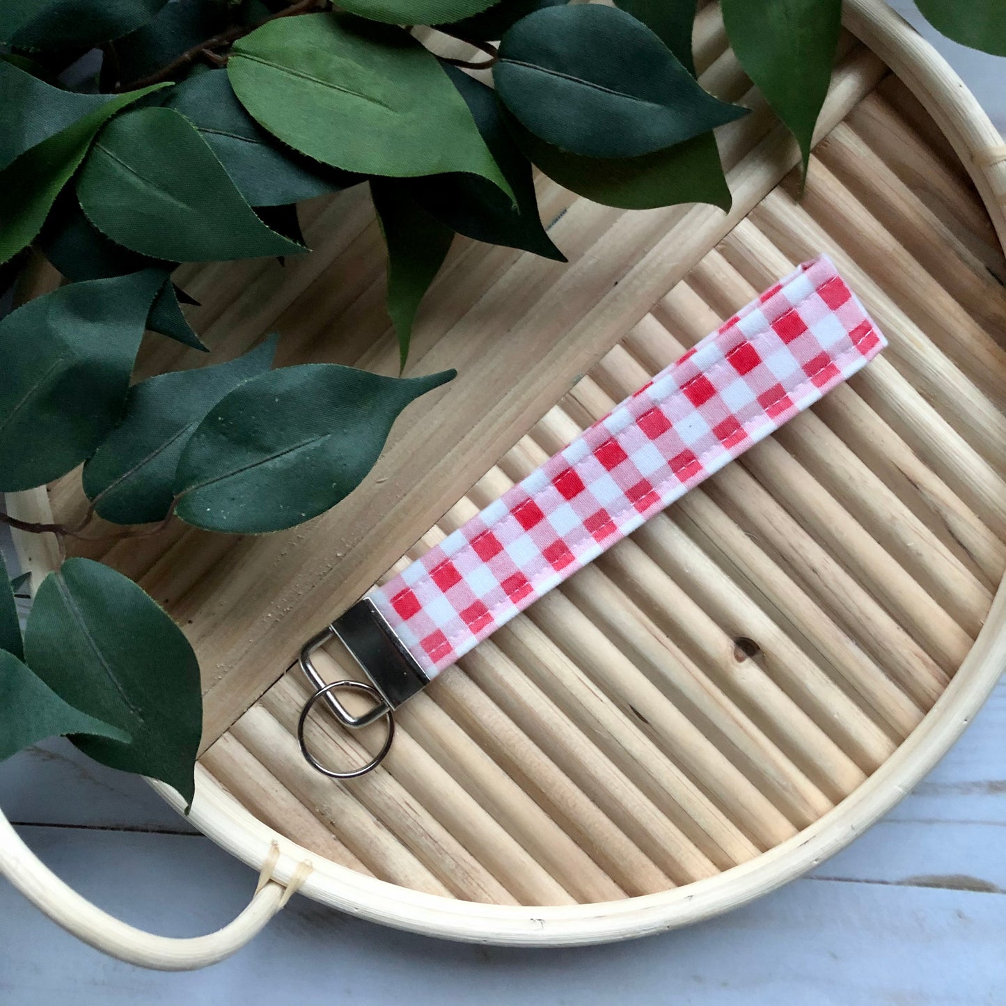 Pink Gingham Print Fabric Wristlet Keychain, Key Fob
