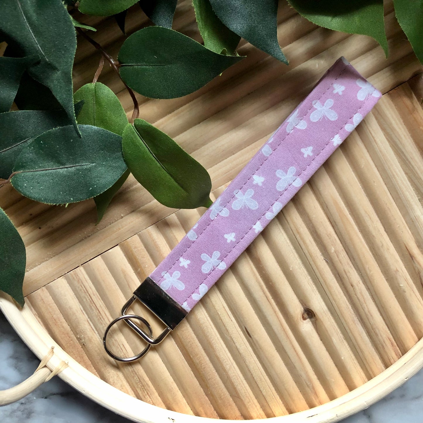 Mauve Butterfly Print Fabric Wristlet Keychain, Key Fob