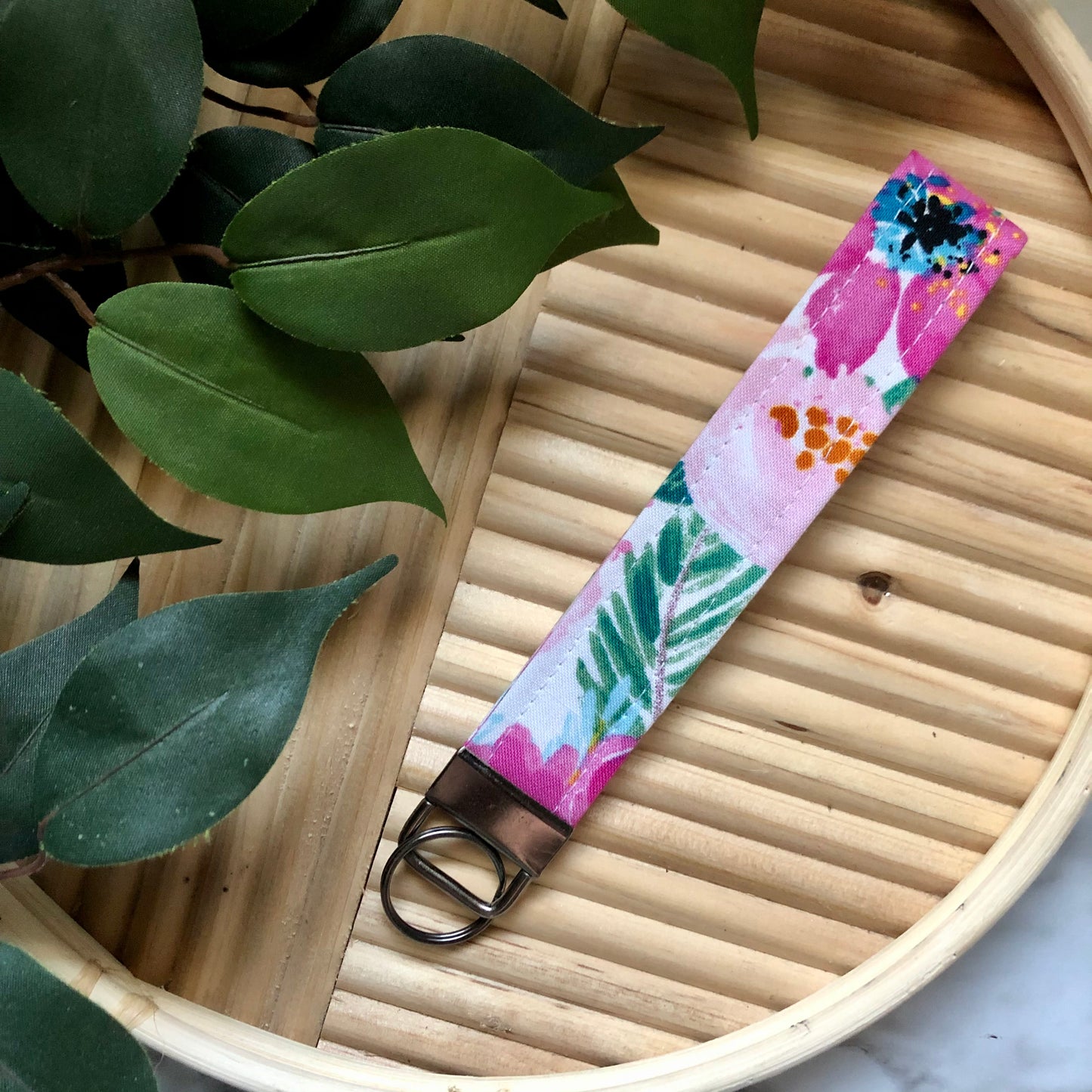 Pink Watercolor Floral Print Fabric Wristlet Keychain, Key Fob