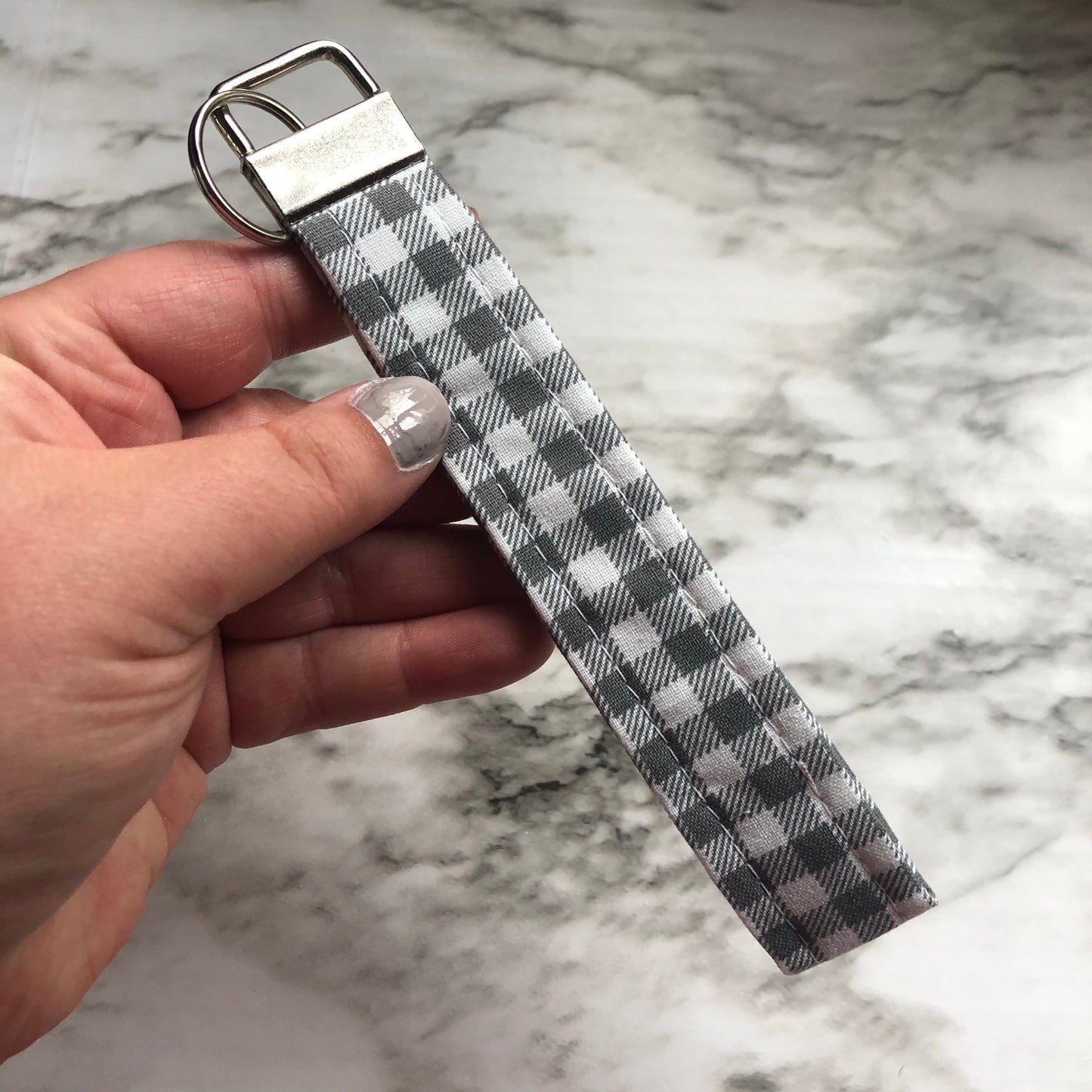 Grey and White Gingham Print Fabric Wristlet Keychain, Key Fob