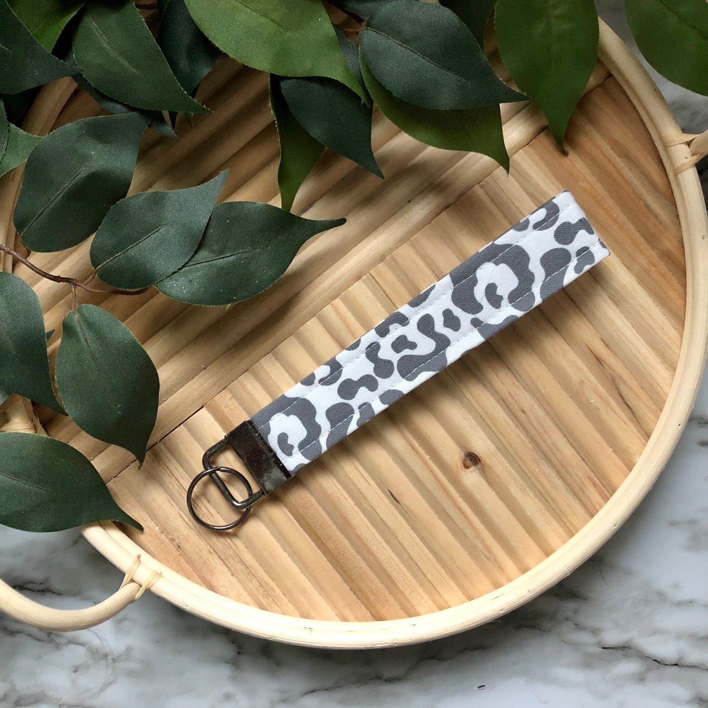 Grey and White Animal Print Fabric Wristlet Keychain, Key Fob