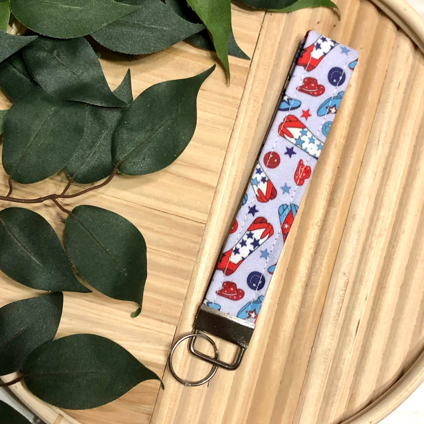 Patriotic Western Print Fabric Wristlet Keychain, Key Fob
