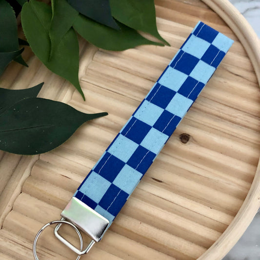 Blue Checkered Print Fabric Wristlet Keychain, Key Fob