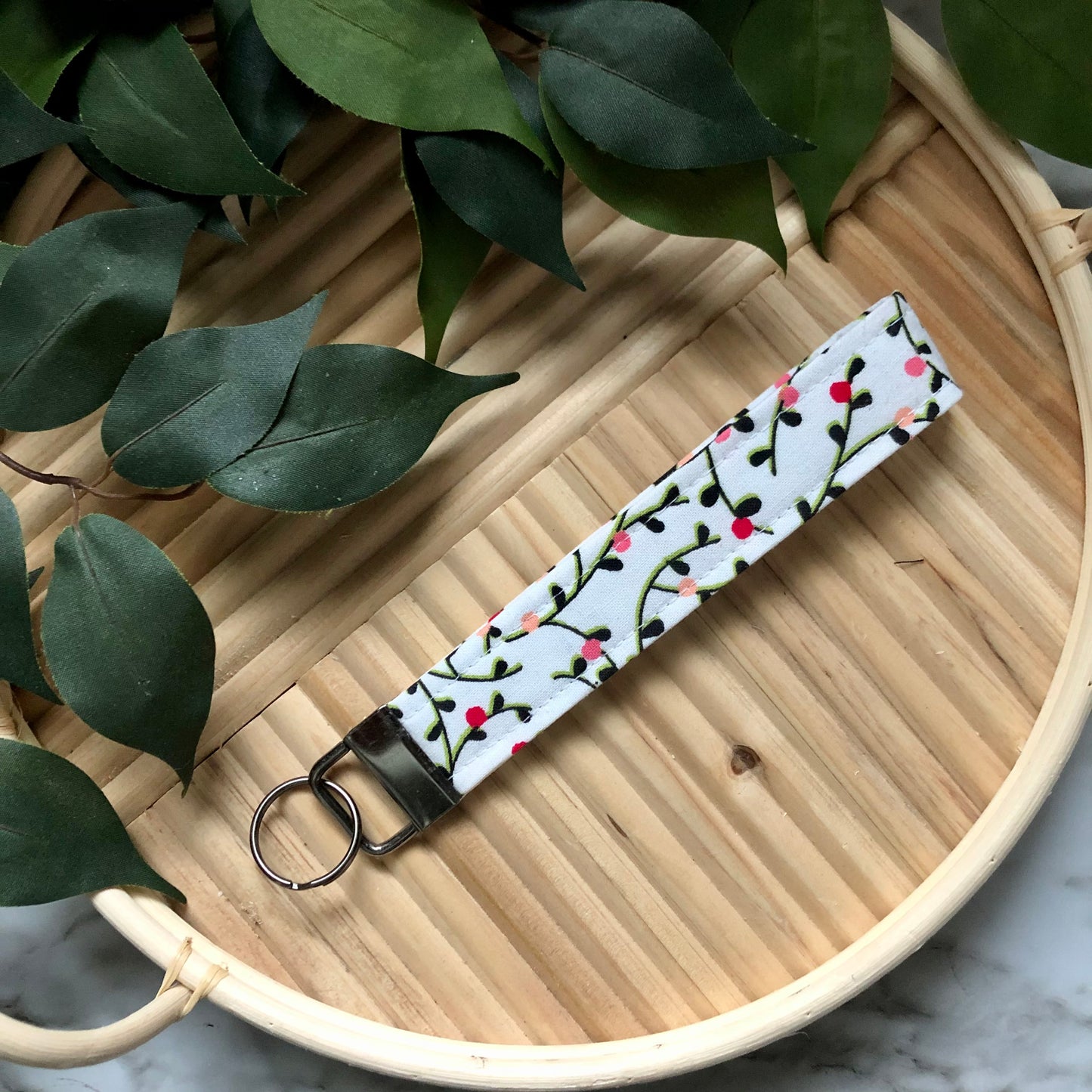 Vine Print Fabric Wristlet Keychain, Key Fob