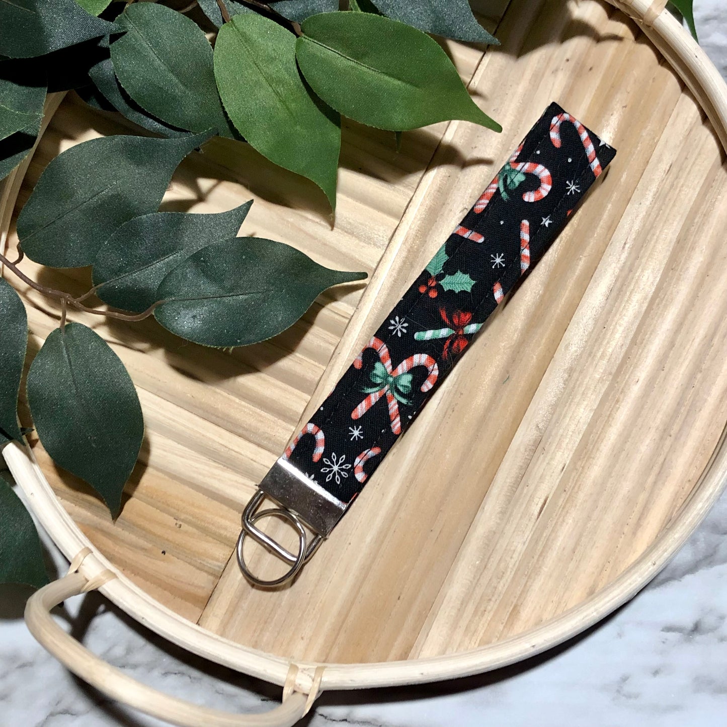 Candy Cane Bunches & Holly Print Fabric Wristlet Keychain, Key Fob