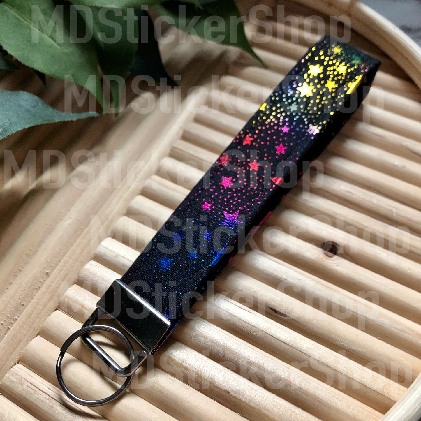 Metallic Rainbow Stars on Black Print Fabric Keychain