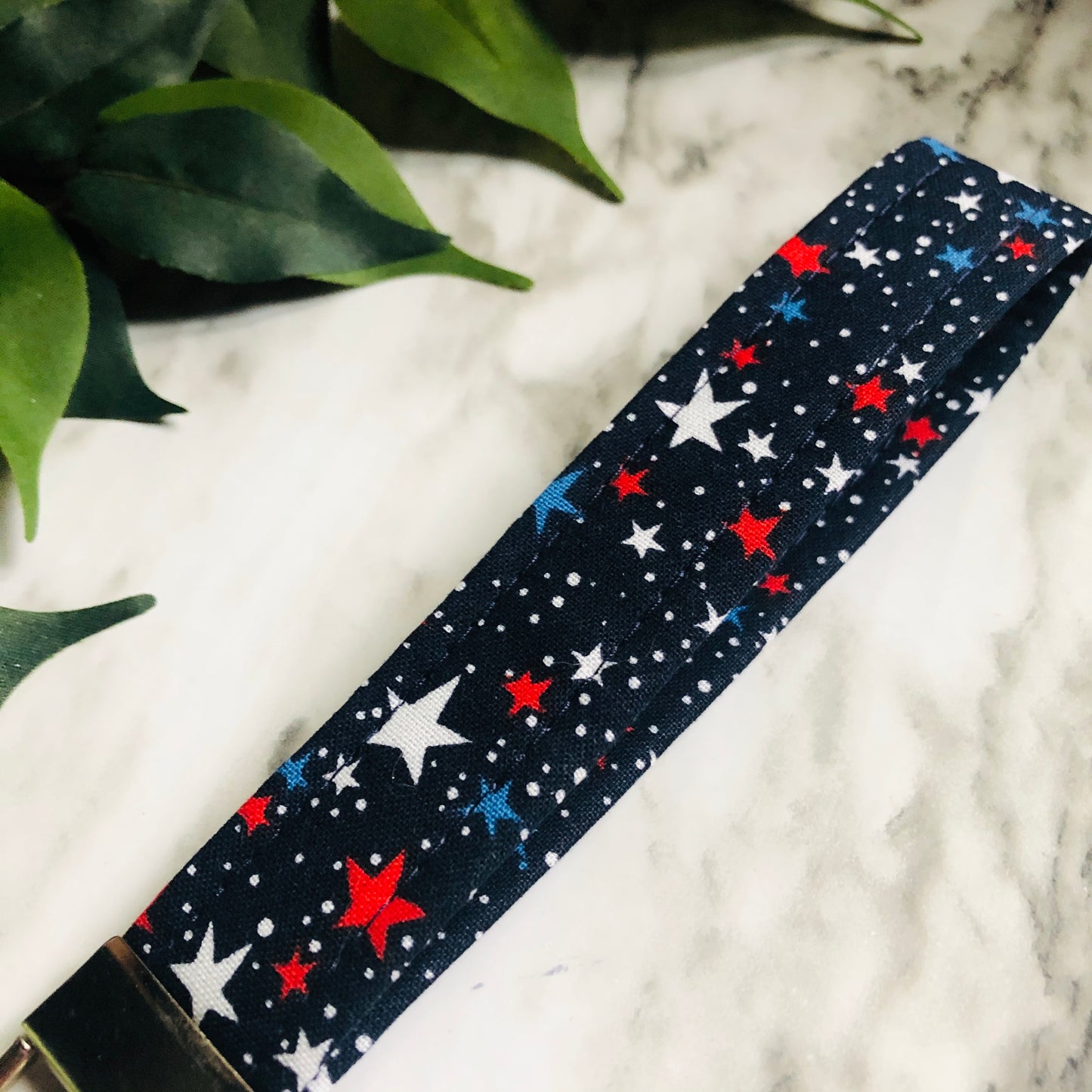 Dark Navy Mini Patriotic Star Print Fabric Wristlet Keychain, Key Fob