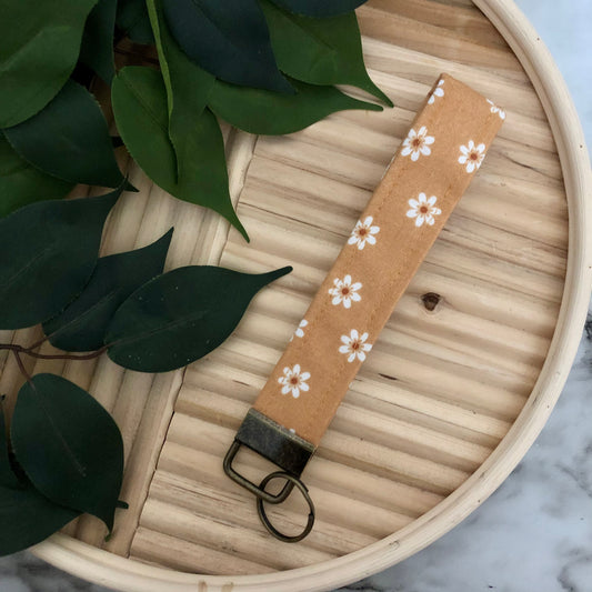 Carmel Flower Print Fabric Wristlet Keychain, Key Fob