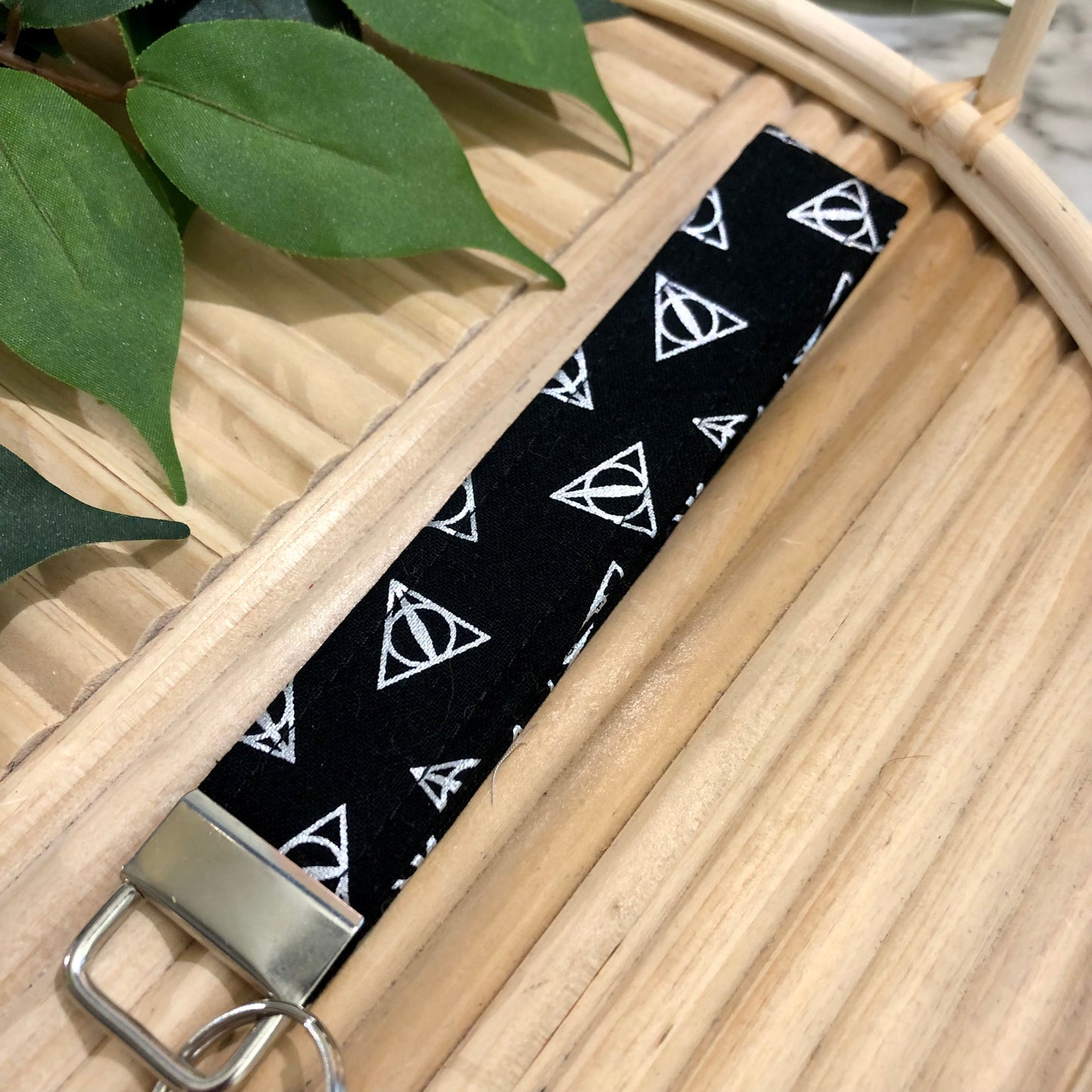 Black and Silver Deathly Hallows Print Fabric Keychain, Key Fob