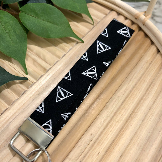 Black and Silver Deathly Hallows Print Fabric Keychain, Key Fob