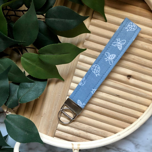 Blue Lady Bug Print Fabric Wristlet Keychain, Key Fob