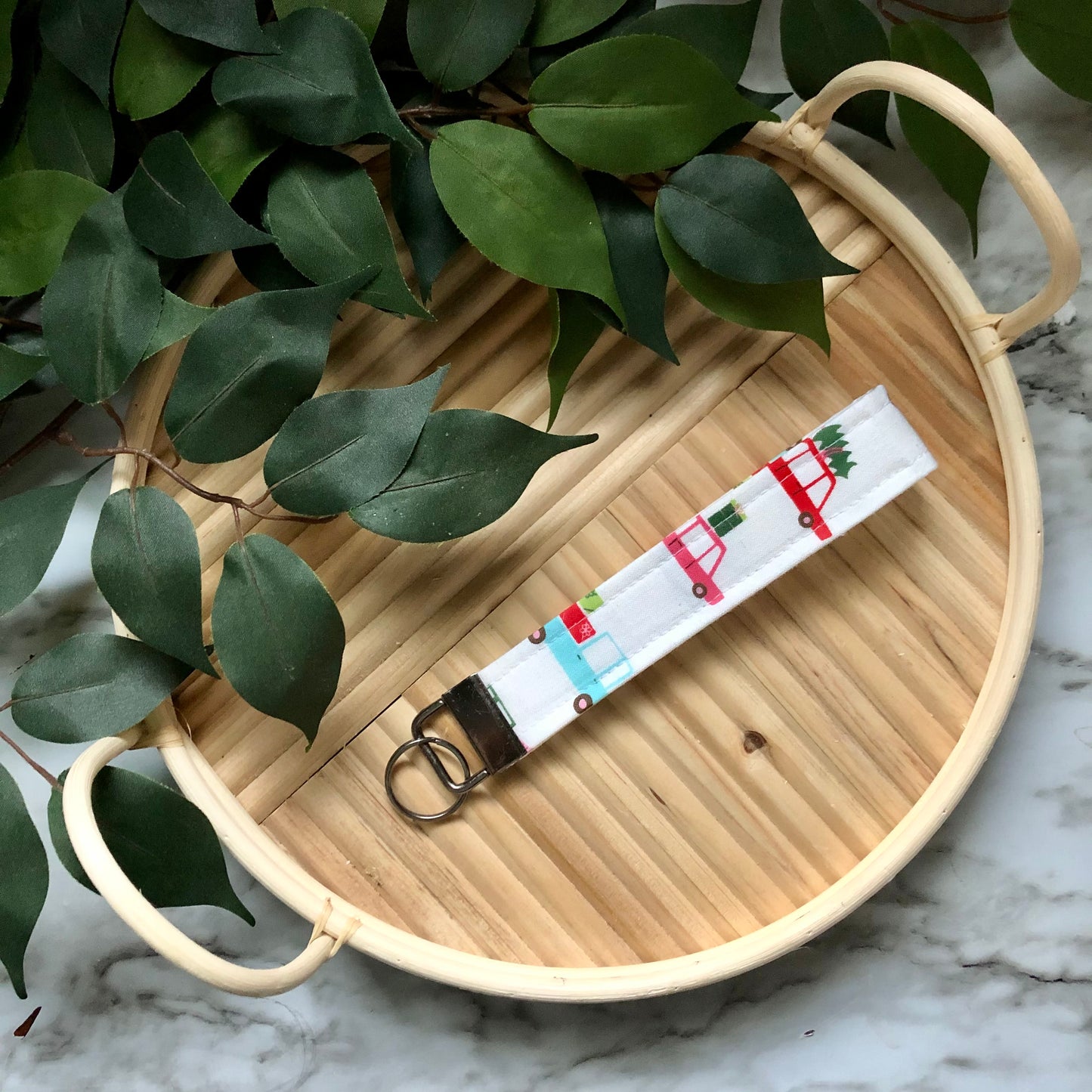 Holiday Car Print Fabric Wristlet Keychain, Key Fob